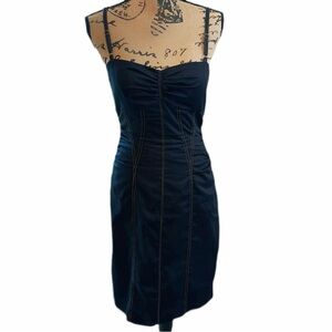 Cache Darkwash Denim Ruched Jean Dress in Bodycon Midi Style with Tan Stitching!